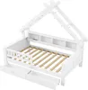 A white wooden bed frame with a house-like roof structure, slats for a mattress, and two drawers underneath. Produktbild-Vorschau