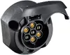 A close-up studio shot of a black 7-pin trailer socket with gold-colored pins. Produktbild-Vorschau