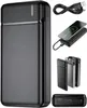A collage of images showing a black power bank and its accessories, including a charging cable and a smartphone being charged wirelessly. Produktbild-Vorschau