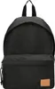 A black backpack with a brown leather logo patch. Produktbild-Vorschau