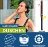 A woman is showering outdoors, with graphics indicating sustainability, water tank capacity, and solar water heating. Produktbild-Vorschau