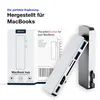 A product shot of a MacBook hub and its packaging, with marketing text. Produktbild-Vorschau