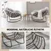 A collage of images showing a modern rocking chair with a thick cushion, presented in a lifestyle setting and close-up views. Produktbild-Vorschau