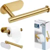 A collage of images showing a gold toilet paper holder, including a close-up of the holder with toilet paper, a separate holder, and the product packaging. Produktbild-Vorschau