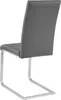 Rear view of a gray upholstered dining chair with a cantilever silver metal base. Voir les images du produit