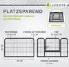 Diagrams and text illustrating the features and dimensions of a pet playpen. Podgląd zdjęcia produktu