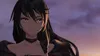 A close-up portrait of a female anime character with long black hair and golden eyes, set against a twilight sky. Produktbild-Vorschau