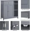 A collage of images showing a gray bathroom cabinet with close-ups of its features. Produktbild-Vorschau
