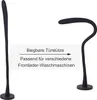 A black flexible door stopper for a front-loading washing machine is shown in two states: straight and bent. Text in a box explains its function. Produktbild-Vorschau