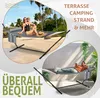 Collage showing a hammock with a stand in different settings, including a beach and a patio. Produktbild-Vorschau