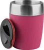 A pink travel mug with a silver rim and a black lid is shown with the lid detached. Produktbild-Vorschau