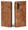 A brown leather flip case for a Samsung Galaxy A13 5G phone, shown from two angles. Produktbild-Vorschau