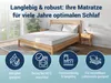 A mattress on a wooden bed frame in a bedroom setting, with feature icons and text below. Produktbild-Vorschau