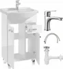 A white bathroom vanity with a sink and faucet, along with plumbing parts, displayed against a white background. Voir les images du produit