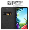 A black flip phone case with a card slot is shown next to a smartphone displaying a colorful wallpaper. Produktbild-Vorschau