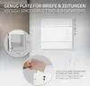 A white mailbox is shown on a textured wall, with close-up insets detailing its dimensions and a hand inserting a letter. Produktbild-Vorschau