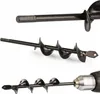 Three views of a black spiral auger drill bit, with the bottom view showing it attached to a drill chuck. Podgląd zdjęcia produktu