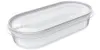 A clear, studio shot of a transparent oval food storage container with a lid, presented on a white background. Produktbild-Vorschau