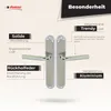 A marketing image showcasing door handles with descriptive text highlighting their features. Produktbild-Vorschau