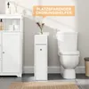 A narrow white cabinet is placed next to a toilet in a bathroom, with a decorative vase of flowers on top of the cabinet. A larger white cabinet is visible on the left. Produktbild-Vorschau