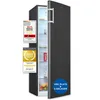 A dark gray refrigerator with its door slightly ajar, displaying internal shelves and items. Several award stickers are affixed to the left side of the refrigerator. Produktbild-Vorschau