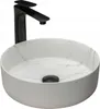 A white marble-patterned round sink with a black faucet. Produktbild-Vorschau
