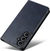 A dark blue leather flip phone case with a camera cutout is shown diagonally against a white background. Produktbild-Vorschau