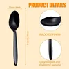 A black plastic spoon with dimensions and feature callouts. Produktbild-Vorschau