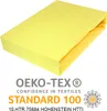 A yellow fitted sheet is shown folded on a white background, with OEKO-TEX certification logos and text. Produktbild-Vorschau