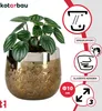 A decorative plant pot with a plant inside, along with marketing icons and text. Produktbild-Vorschau