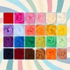A grid of 24 squares, each containing a different color of wool roving, arranged on a pastel rainbow background. Produktbild-Vorschau