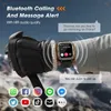 A smartwatch on a wrist, with icons of social media apps and text bubbles indicating communication features. Produktbild-Vorschau