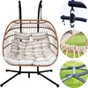A collage of images showing a hanging egg chair with cushions, and close-up details of its construction and base. Podgląd zdjęcia produktu