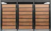 A front view of a three-door trash bin enclosure with a wood-look finish and dark gray metal frame. Produktbild-Vorschau