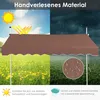 A split image showing a brown awning under a sunny sky with yellow flowers on the left, and under a rainy sky with a close-up of the fabric on the right. Podgląd zdjęcia produktu