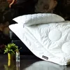 A white Dunlopillo pillow and comforter are displayed on a dark surface, with a small potted plant and a spray bottle in the foreground. Produktbild-Vorschau