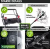 A collage of four images showcasing different features of a lawnmower, with text labels and icons. Produktbild-Vorschau