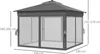 A gray gazebo with mesh curtains, shown with dimensions indicated by lines and text. Produktbild-Vorschau