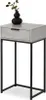 A narrow console table with a drawer and a black metal frame, topped with a black vase and a small plant. Anteprima dell’immagine prodotto