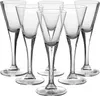 A set of six clear glass shot glasses with long stems and flared rims, arranged in a cluster against a white background. Anteprima dell’immagine prodotto