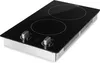 A black glass ceramic cooktop with two heating elements and two control knobs, shown from a diagonal angle. Produktbild-Vorschau
