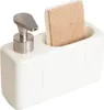 A white ceramic soap dispenser with a metal pump and a brown sponge in a holder. Náhľad obrázku produktu