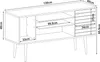 A line drawing diagram of a white TV stand with dimensions indicated. Produktbild-Vorschau