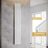 A vertical panel radiator is shown mounted on a tiled wall, with a close-up inset showing product details. Podgląd zdjęcia produktu