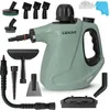 A green steam cleaner with multiple attachments laid out around it on a white background. Produktbild-Vorschau