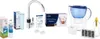 A collection of water filtration products, including replacement cartridges, a faucet filter, and a water pitcher. Náhled obrázku produktu