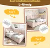 A collage showing two different installation types of a pink upholstered bed with a scalloped headboard, along with diagrams of bed frames. Náhled obrázku produktu