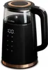 A black electric kettle with a glass body and copper accents, displayed on a white background. The kettle has a digital display showing '100' degrees Celsius. Náhled obrázku produktu