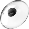 A close-up, overhead view of a glass pot lid with a black handle and a silver rim. Produktbild-Vorschau