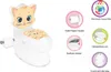 A children's potty training toilet with a cat design, shown with various features highlighted by diagrams and text. Produktbild-Vorschau